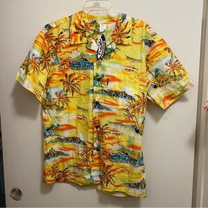 Palmwave Hawaii Mens Button Down Hawaiian Shirt L 46” Yellow Beach Tropical NWT